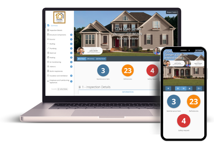 Frame Home & Commercial Inspections digital report shown on a device